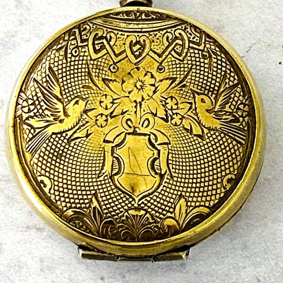 Antique Victorian Hand Engraved Birds Pinchbeck Gold Pocket Watch Locket Pendant - Picture 2 of 9